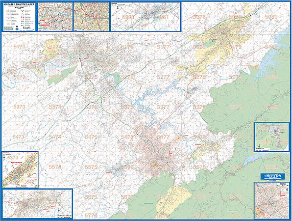 Tri-Cities WALL Map, Tennessee, America.