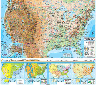 United States Advanced Physical "Classroom" WALL Map On Roller with Backboard.