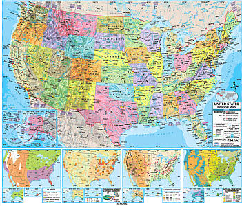 United States Advanced Political "Classroom" WALL Map On Roller with Backboard.