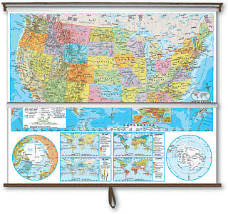 United States and World Advanced Political "Classroom" WALL Map On Roller with Backboard.