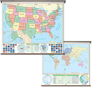 United States and World Beginner Combo "Classroom" WALL Map On Roller with Backboard.