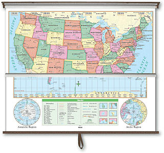 United States and World Essential Combo "Classroom" WALL Map On Roller with Backboard.