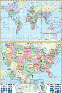 United States and World Essential Stacked "Classroom" WALL Map On Roller with Backboard.