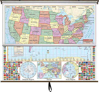 United States and World Primary Combo "Classroom" WALL Map On Roller with Backboard.