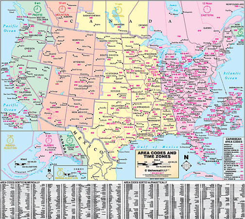 United States Area Code and Time Zone WALL Map, America.