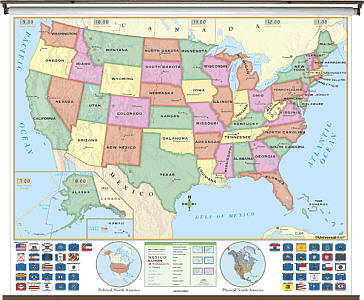 United States Beginner "Classroom" WALL Map On Roller with Backboard.