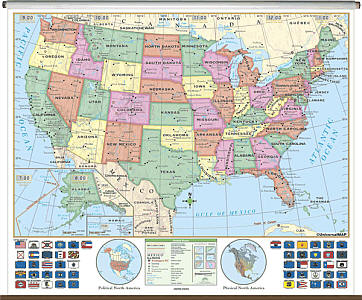 United States Essential "Classroom" WALL Map On Roller with Backboard.