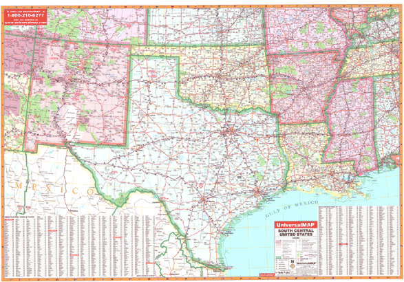 United States South Central WALL Map, America.