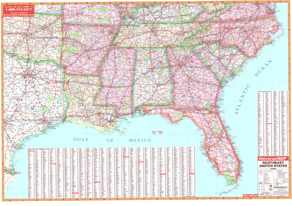 United States Southeast and Louisiana WALL Map, America.