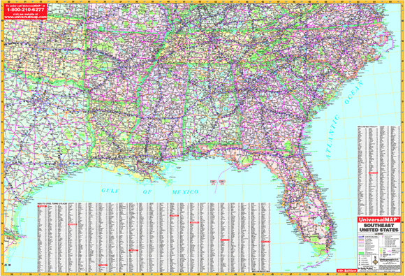 United States South Eastern WALL Map, America.