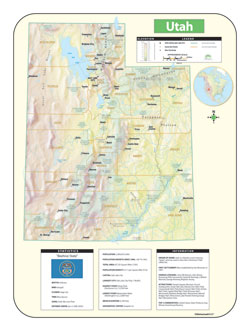 Utah Road and Shaded Relief WALL Map, America.