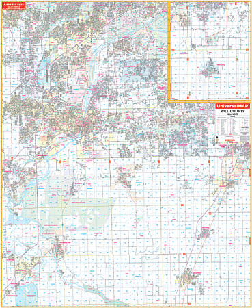 Will County WALL Map, Illinois, America.