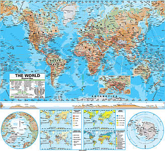 World Advanced Physical "Classroom" WALL Map On Roller with Backboard.