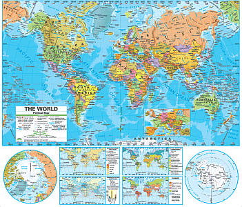 World Advanced Political "Classroom" WALL Map On Roller with Backboard.