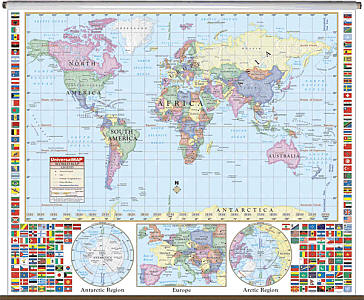 World Primary "Classroom" WALL Map On Roller with Backboard.