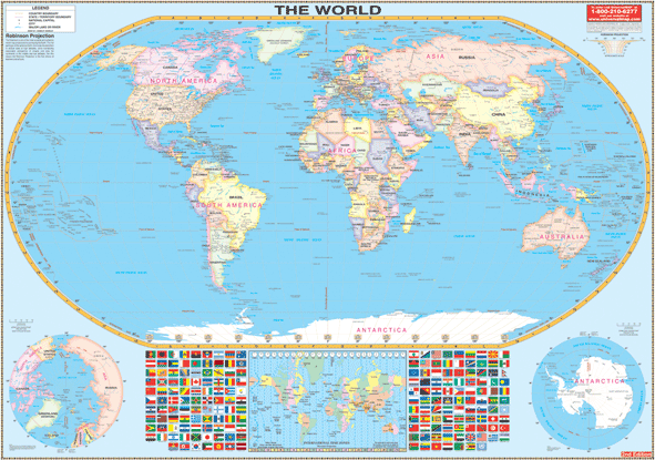 Current World Map Small World Small Railed WALL Map.