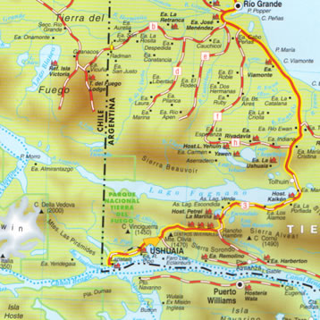 Santa Cruz Regional Road and Shaded Relief Tourist Map, Argentina.