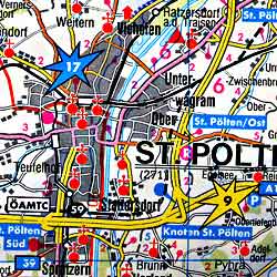 Austria, Lower (Northern) Top Ten Tips, Road and Shaded Relief Tourist Map.