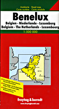 Benelux (Belgium, Netherlands, Luxembourg) Road and Shaded Relief Tourist Map.