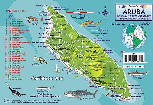 Aruba Reef Creatures Guide Map, Netherlands Antilles, West Indies.