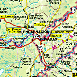 Brazil, Paraguay, Uruguay, and Bolivia, Road and Shaded Relief Map.