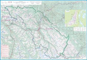 Banff & Jasper National Park, Road and Physical Travel Reference Map, British Columbia and Alberta, Canada.