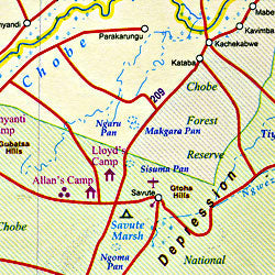 Botswana Road and Physical Travel Reference Map.