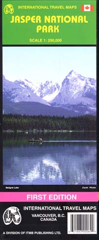 Jasper National Park, Road and Physical Travel Reference Map, Alberta, Canada.