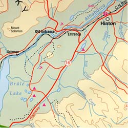 Jasper National Park, Road and Physical Travel Reference Map, Alberta, Canada.