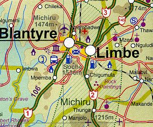 Malawi and Mozambique Road and Physical Travel Reference Map.