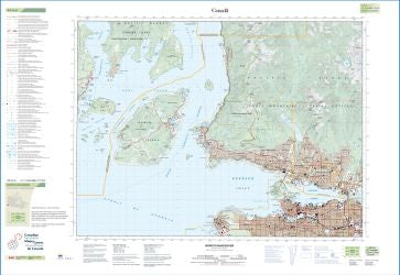 North Vancouver Road and Physical Travel Reference Map British Columbia, Canada.