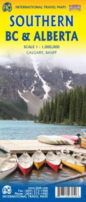 Southern BC and Alberta, Road and Physical Travel Reference Map, British Columbia and Alberta, Canada.