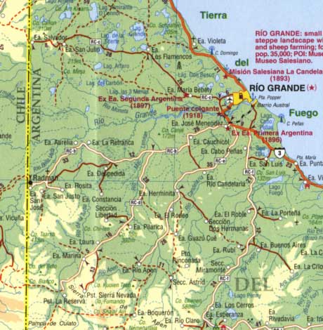 Tierra Del Fuego, Road and Physical Travel Reference Map, Argentina and Chile.