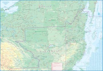 Yucatan Peninsula, Road and Physical Travel Reference Map, Mexico.