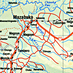 Zambia Road and Physical Travel Reference Map.