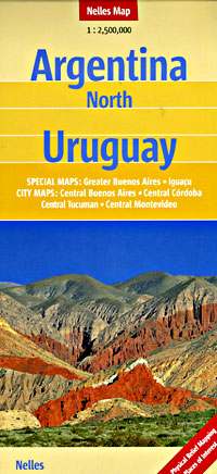 Argentina - Northern Half, and Uruguay, Road and Shaded Relief Tourist Road Map.