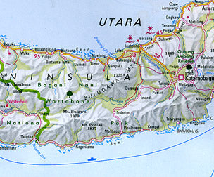 Sulawesi Road and Shaded Relief Tourist Map, Indonesia.