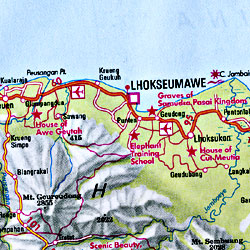 Sumatra Road and Shaded Relief Tourist Map, Indonesia.