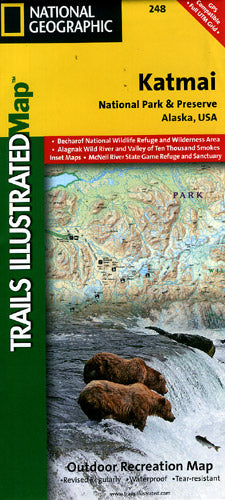 Katmai National Park and Preserve, Road and Recreation Map, Alaska, America.