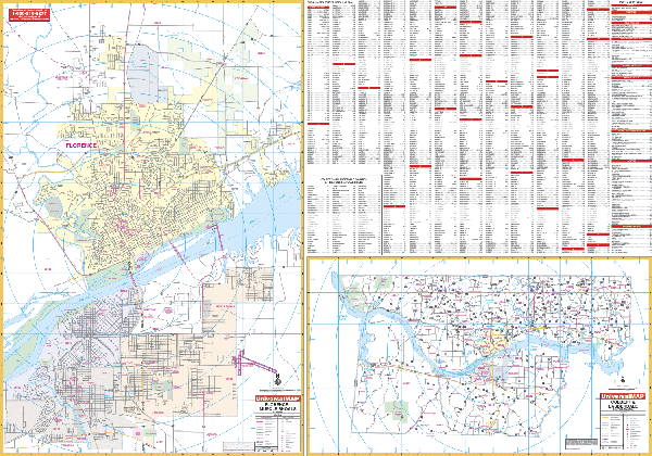 Florence and Muscle Shoals WALL Map, Alabama, America.