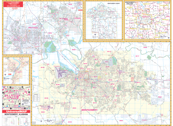 Montgomery WALL Map, Alabama, America.
