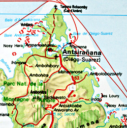 Madagascar Road and Shaded Relief Map.