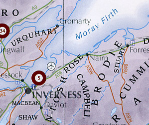 Scotland "Clans and Tartans" Road and Shaded Relief Map.