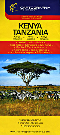 Tanzania and Kenya, Road and Tourist Map.