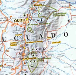 Peru, Colombia, Venezuela, and Ecuador, Road and Shaded Relief Tourist Map.