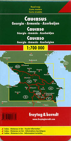 Caucasus Region (Georgia Republic, Armenia, and Azerbaijan), Road and Shaded Relief Tourist Map, Caucasus Mountains.