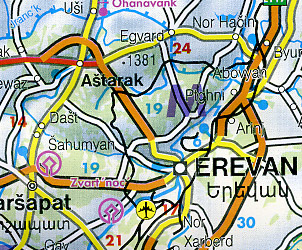 Caucasus Region (Georgia Republic, Armenia, and Azerbaijan), Road and Shaded Relief Tourist Map, Caucasus Mountains.