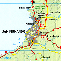 Trinidad and Tobago Road and Shaded Relief Tourist Map, West Indies.