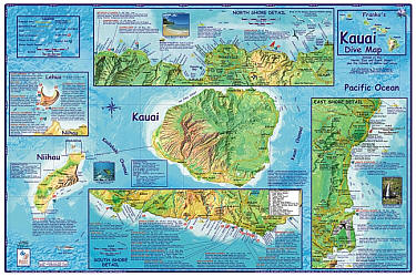 Kauai Diving Road and Recreation Map, Hawaii, America.  "Various scales".  Size 14"x21".  Franko maps edition.  Laminated.