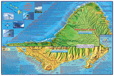 Oahu Surfing Road and Recreation Map, Hawaii, America.